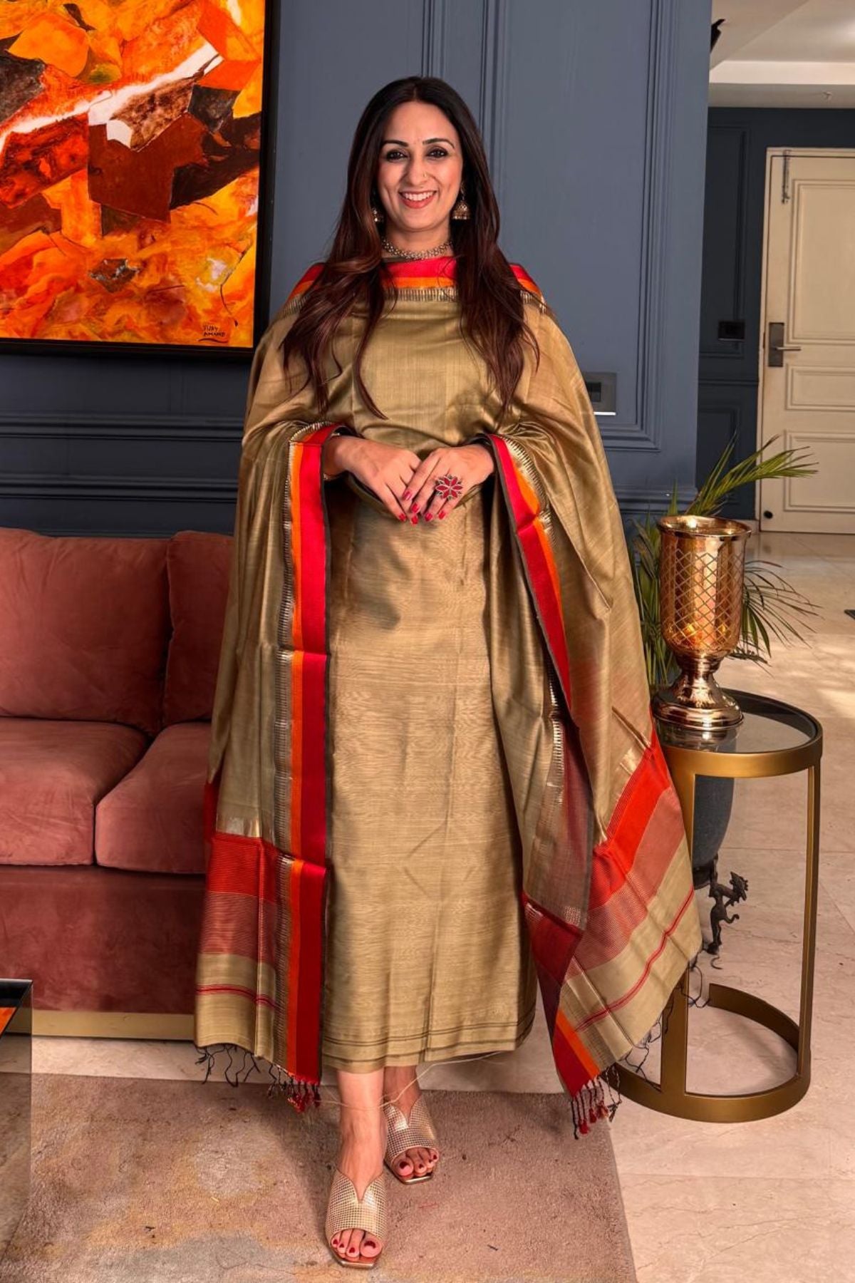 Maheshwari silk by cotton kurta dupatta set ( Olive Green Colour)